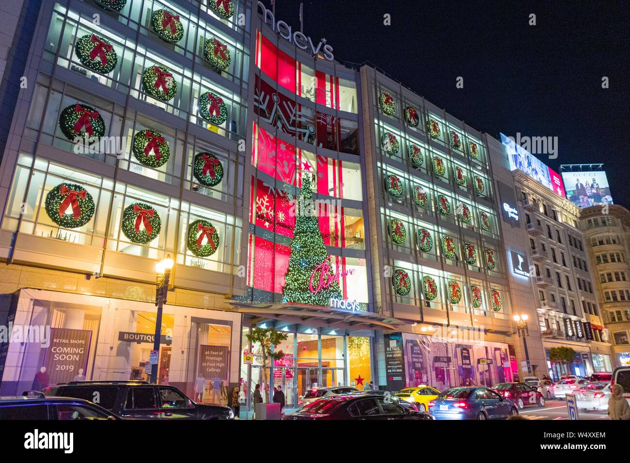 Night view of brightly illuminated facade of the flagship Macy s department store on Union Square in San Francisco California on Christmas day December 25 2018 Stock Photo Alamy