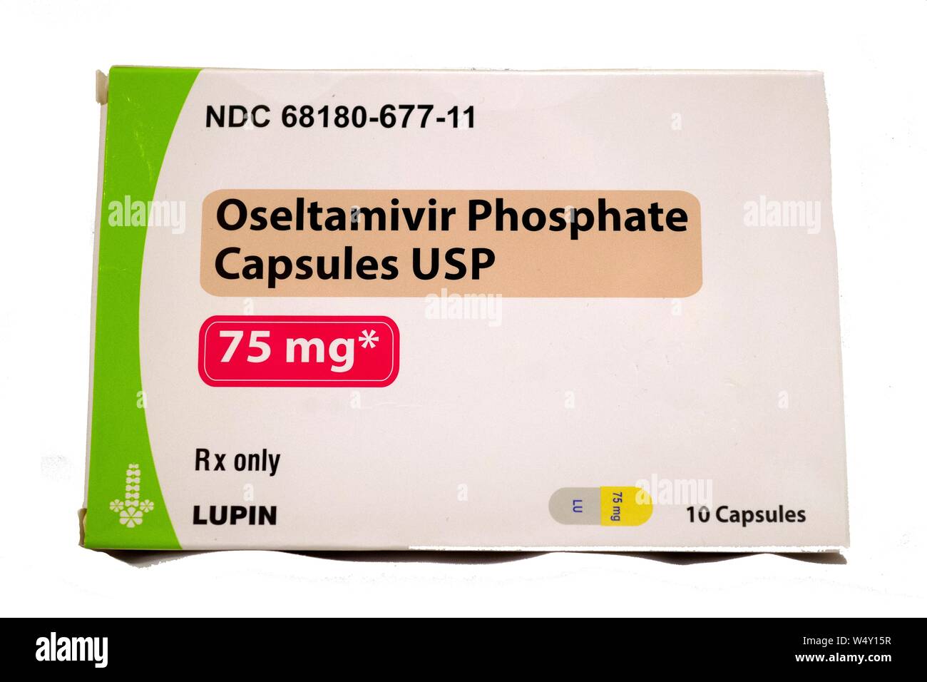 Close-up of box of Oseltamivir Phosphate tablets, marketed under the brand name Tamiflu and used to treat the influenza virus, isolated on white background, March 21, 2019. () Stock Photo