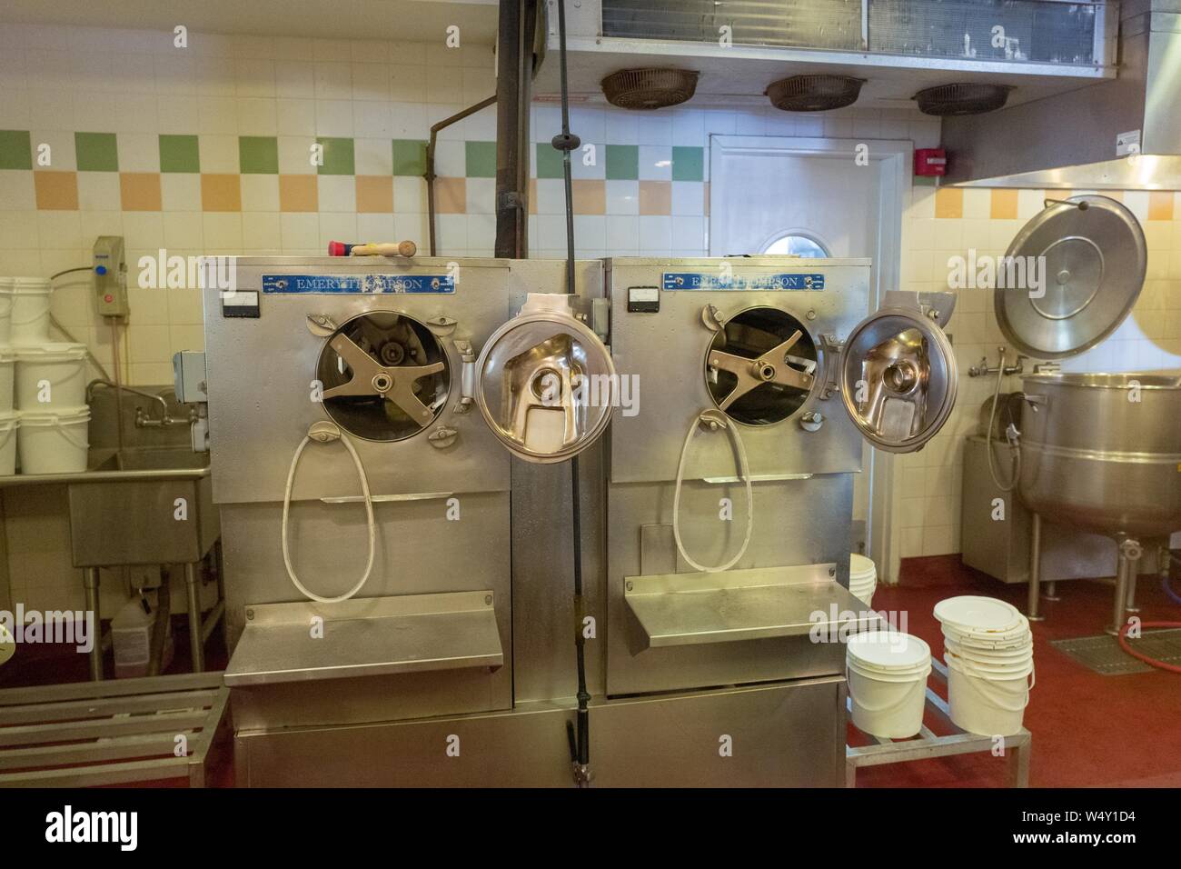 Ice cream making machines at the micro-creamery at Fenton's Cremery in Oakland, California, among the oldest restaurants in the San Francisco Bay Area, March 27, 2019. () Stock Photo