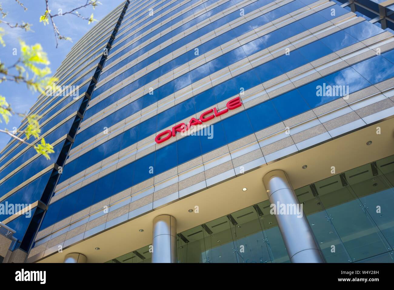 Facade with logo at regional headquarters of software company Oracle in the Silicon Valley town of San Jose, California, April 13, 2019. () Stock Photo