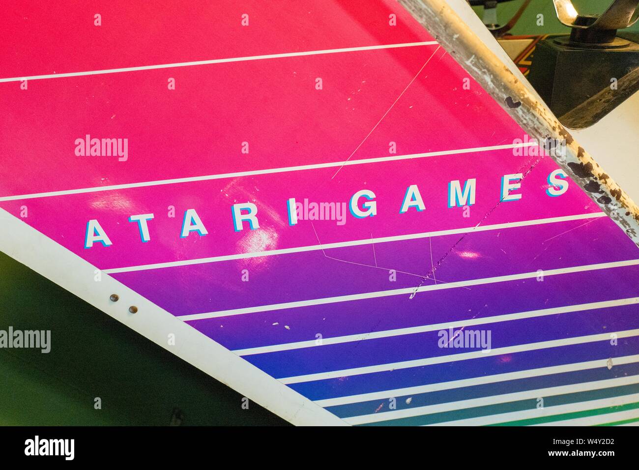 Close-up of 1980s style logo for Atari Games, a classic video and arcade game maker, April 12, 2019. () Stock Photo
