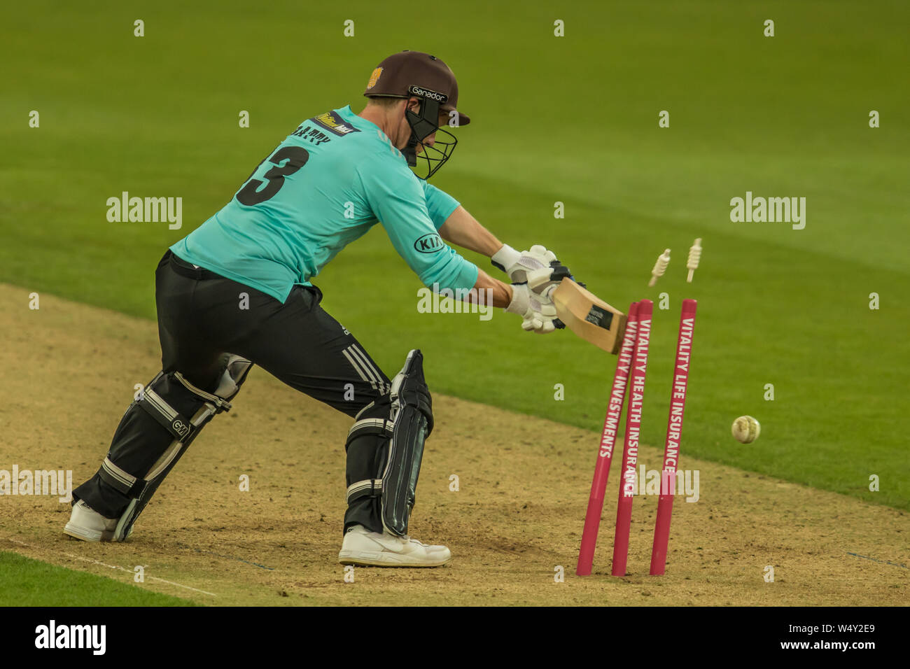 London, UK. 25 July, 2019. Gareth Batty hits his own wicket batting for Surrey against Glamorgan in the Vitality T20 Blast match at the Kia Oval. David Rowe/Alamy Live News Stock Photo