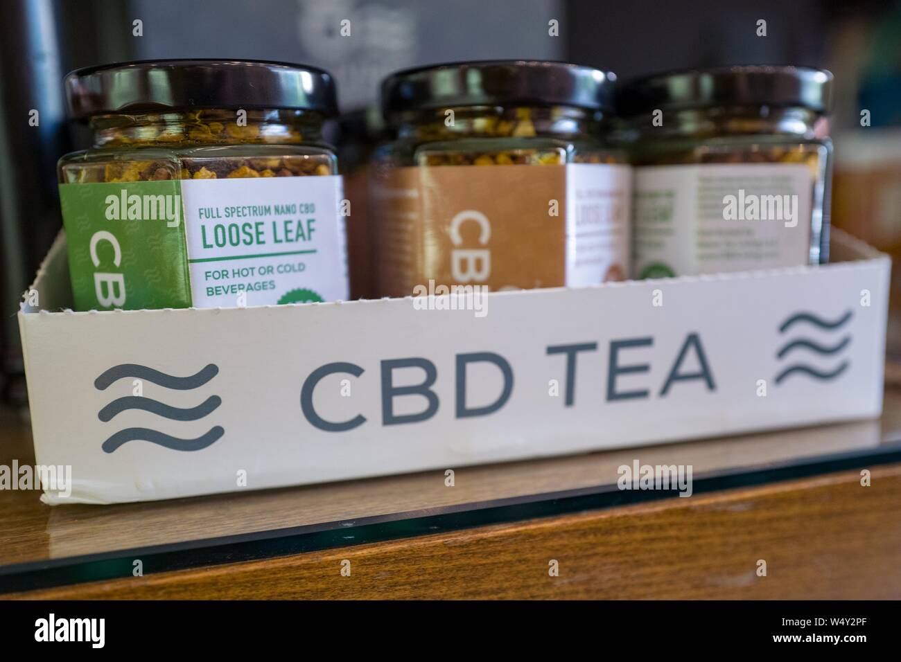 Various teas containing nano-particles of Cannabidiol or CBD, derived from the Cannabis plant, are displayed on the shelf of a store in Walnut Creek, California, April 26, 2019. () Stock Photo