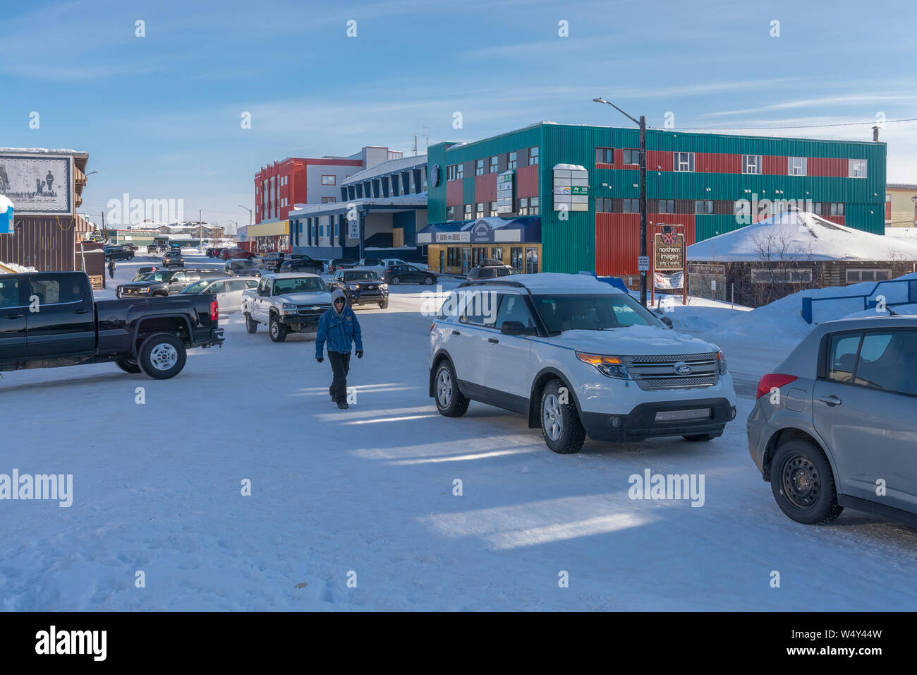Inuvik, Northwest Territories, Canada - March 28, 2017:  the main business street in the Arctic community Stock Photo