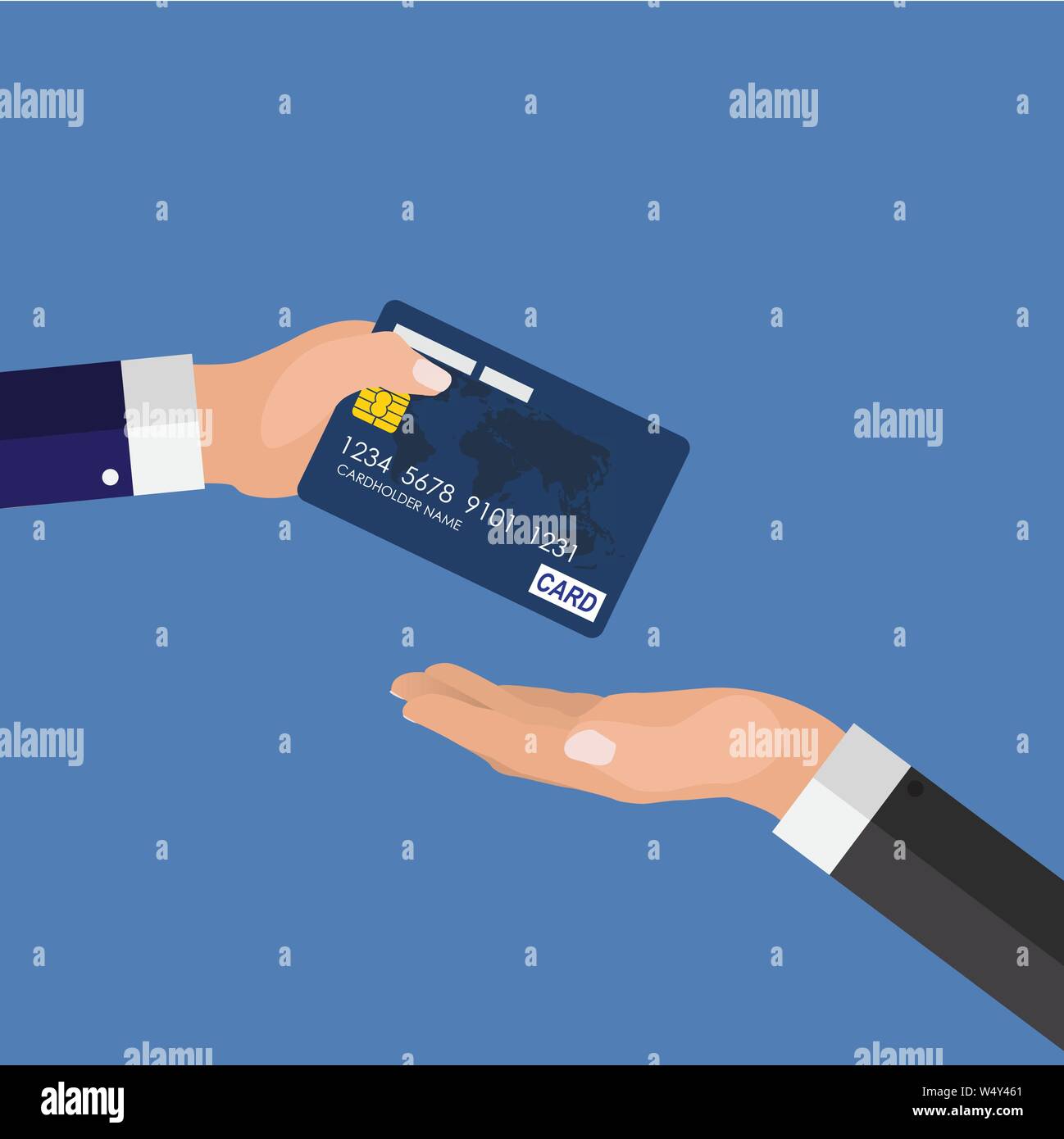 Quickly payment Concept. Hand giving  credit card to other hand. Vector Ilustration Stock Vector