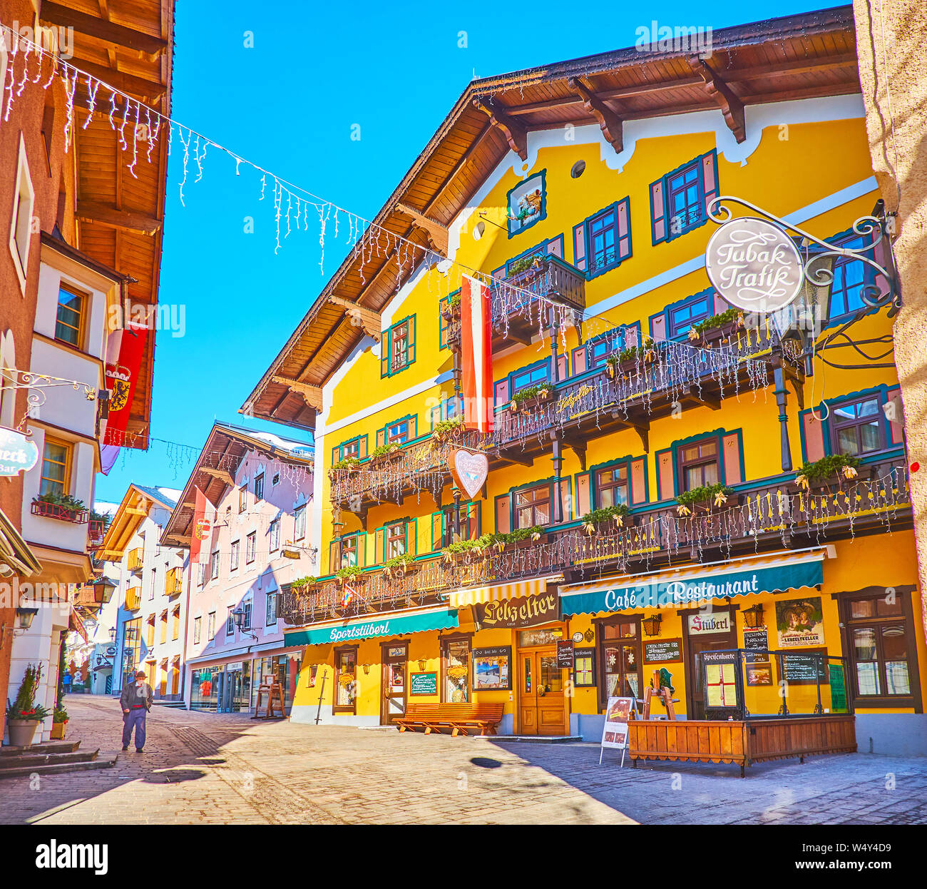 ZELL AM SEE, AUSTRIA - FEBRUARY 28, 2019: Traditional medieval building of Hotel Lebzelter, located in city center and decorated due to the winter hol Stock Photo