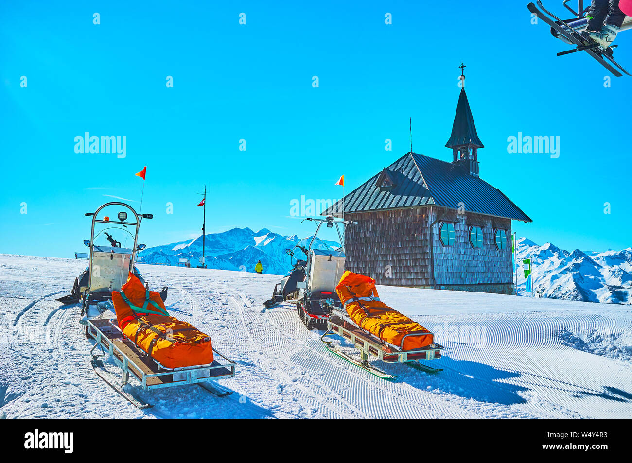 The rescue sleds, parked at the Elizabeth Chapel, located atop  the Schmittenhohe mount, Zell am See, Austria Stock Photo