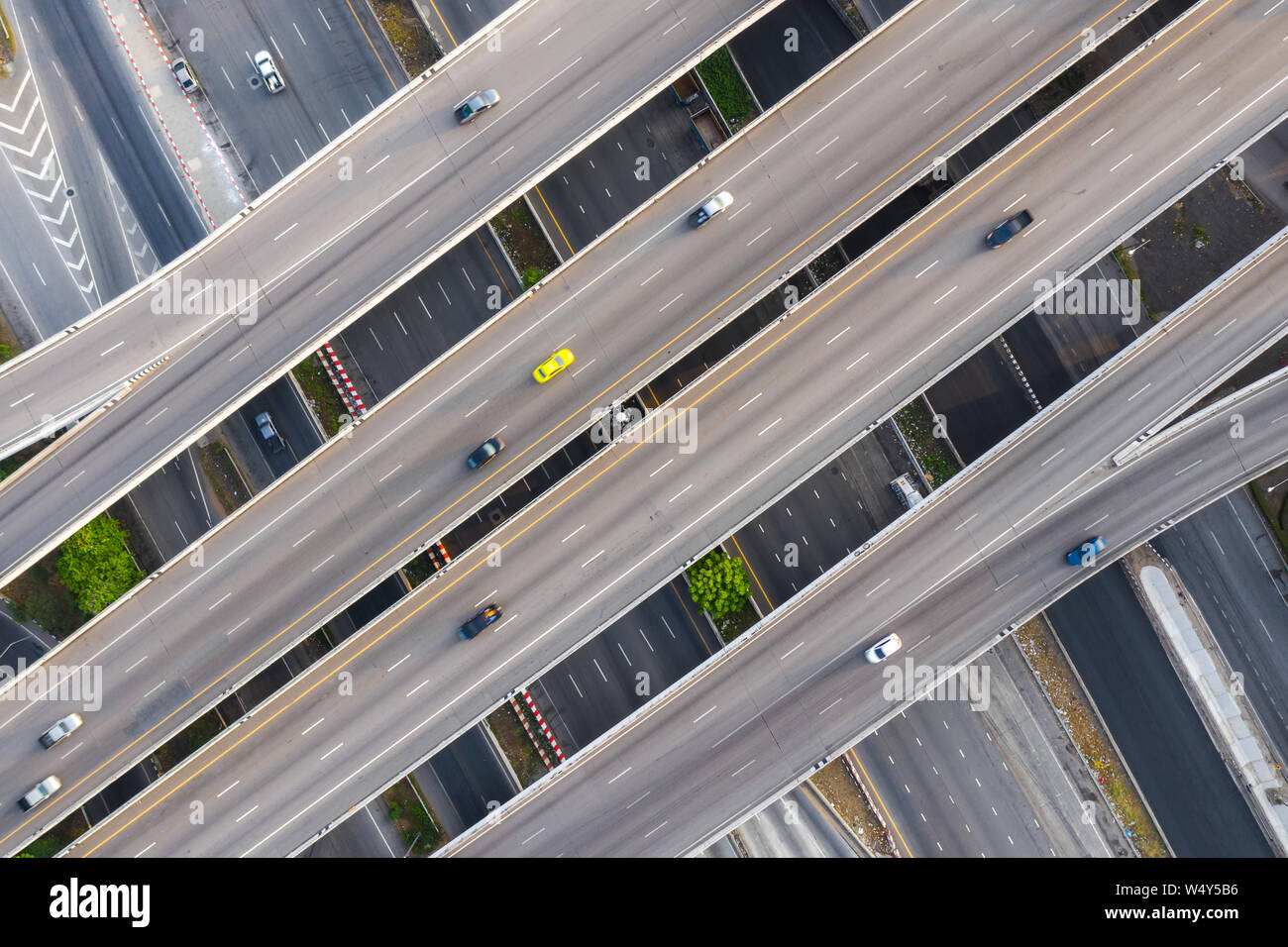 Aerial photo of multilevel elevated highway junction highway passing