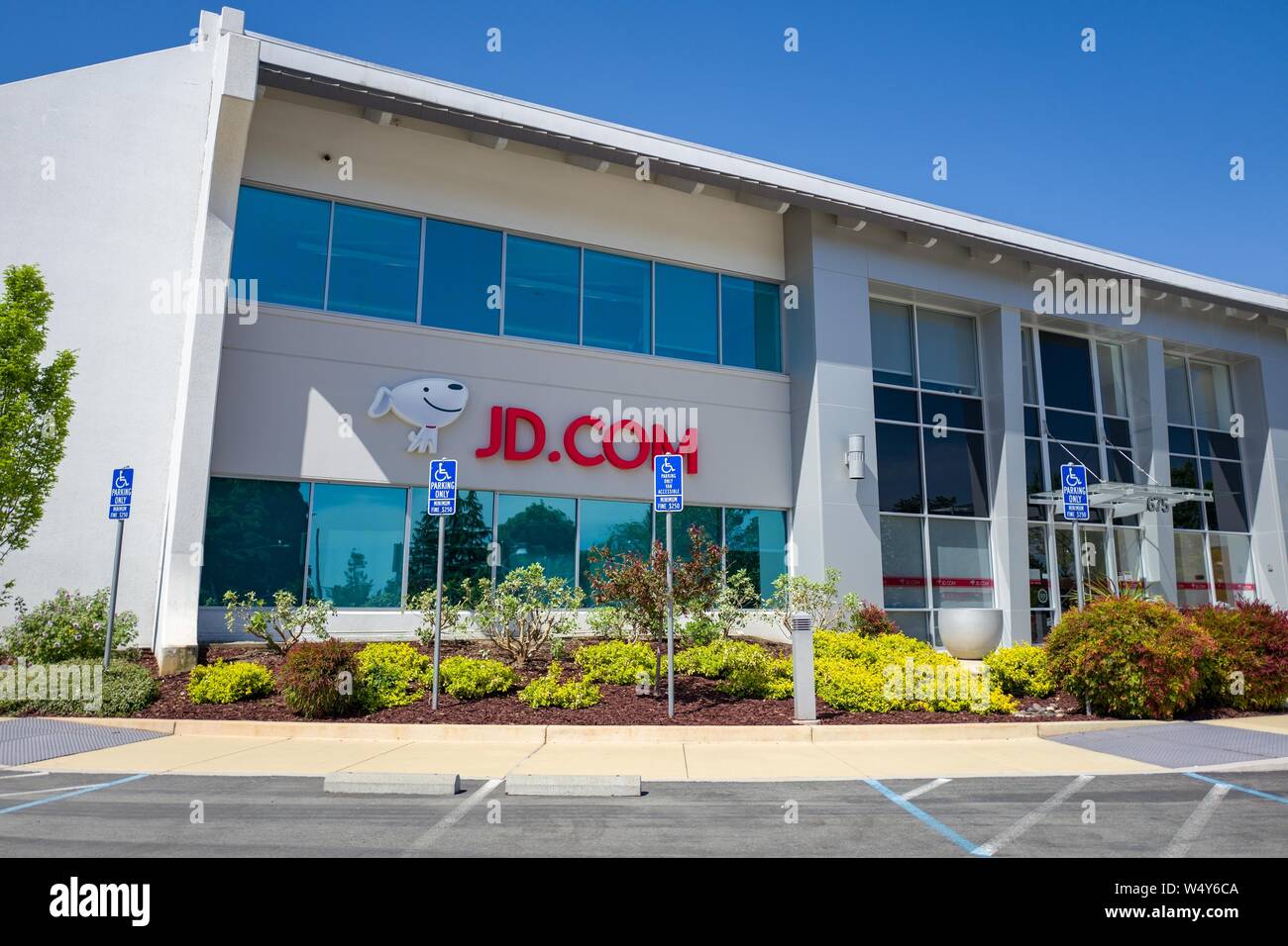 Facade with logo at the Silicon Valley headquarters of Chinese e-commerce company Jingdong, formerly 360buy, or JD.com, Mountain View, California, May 3, 2019. () Stock Photo