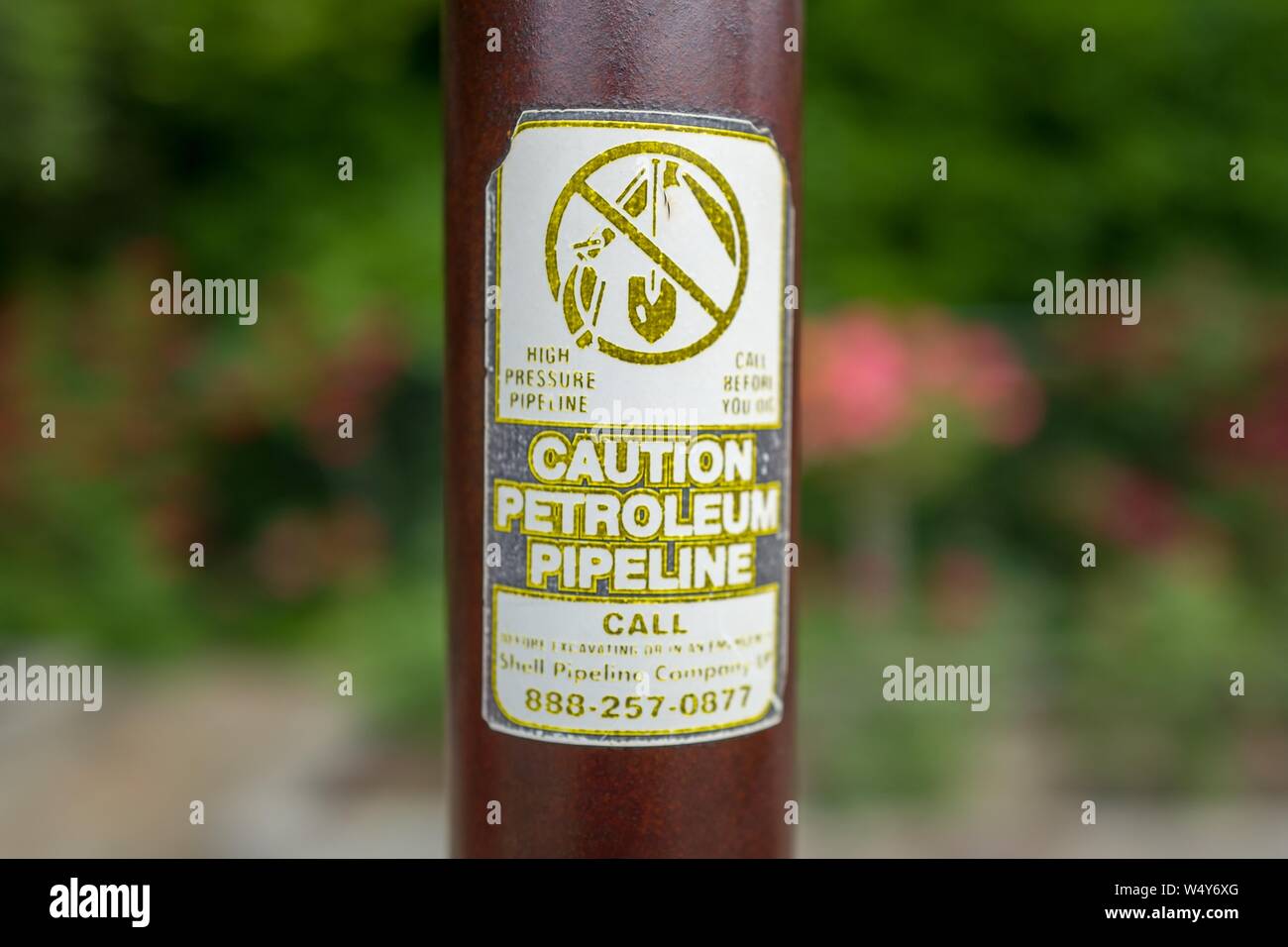 Close-up of warning label for Shell petroleum pipeline in Danville, California, May 14, 2019. () Stock Photo