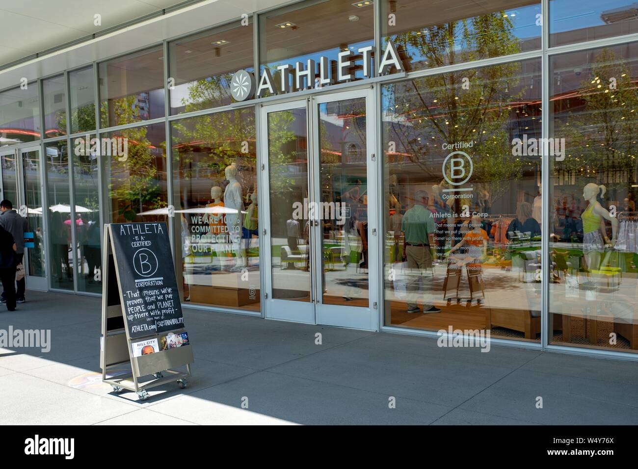 Facade of athleisure clothing retailer Athleta, with Benefit Corporation (B Corp) insignia, at City Center shopping center in San Ramon, California, May 31, 2019. () Stock Photo