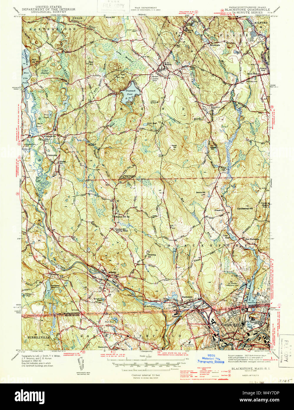 Massachusetts USGS Historical Topo Map MA Blackstone 351549 1944 31680