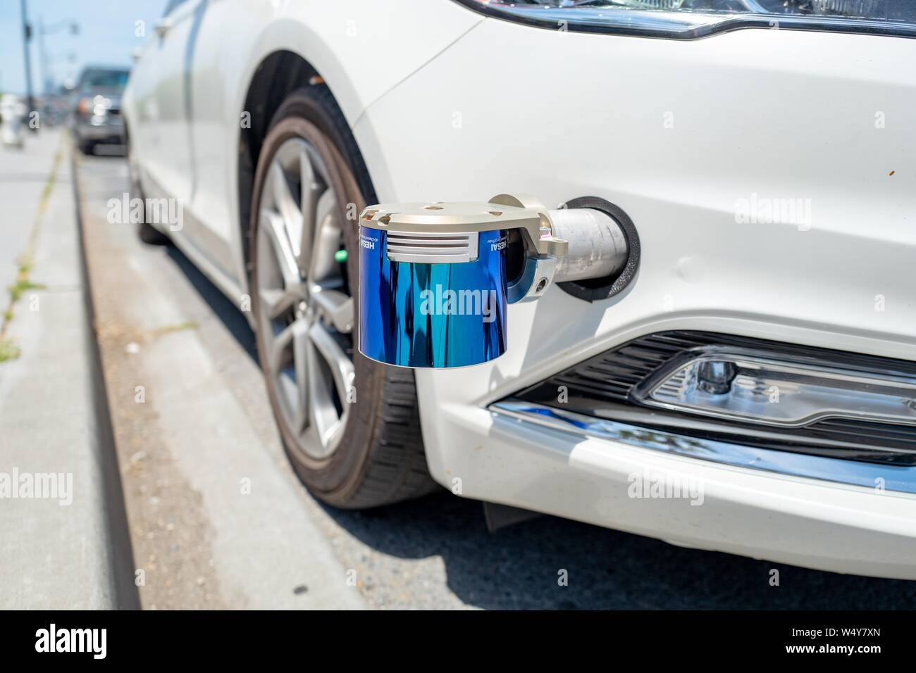 Close-up of bumper of self-driving car, with HESAI 40 channel Lidar sensor visible, in the Mission Bay neighborhood of San Francisco, California, June 10, 2019. () Stock Photo