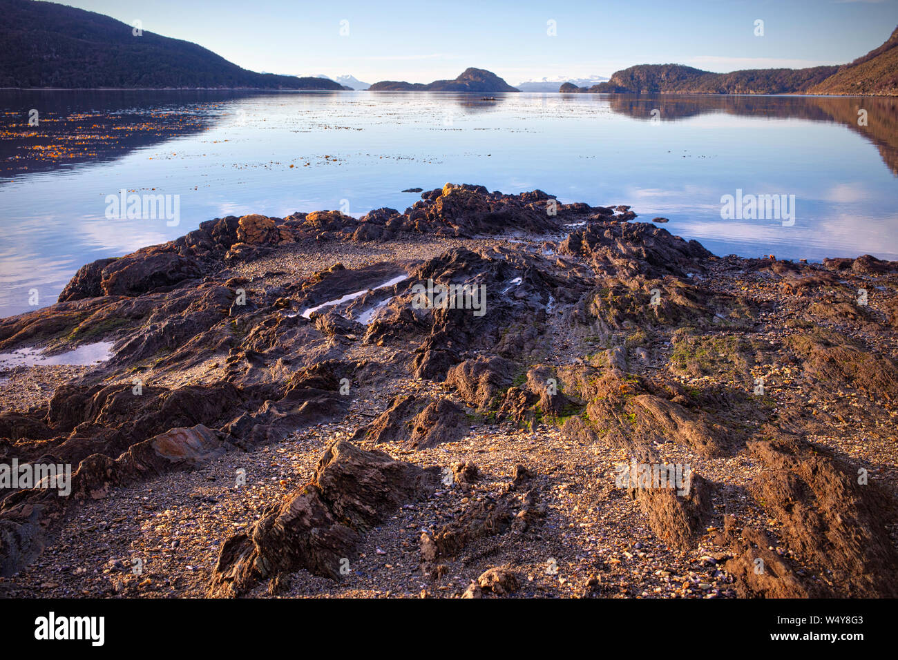 Ushuaia, Tierra del Fuego - July 21, 2019: Tierra del Fuego National Park landscape view of the Lapaiata Lake in Ushuaia, Argentina Stock Photo