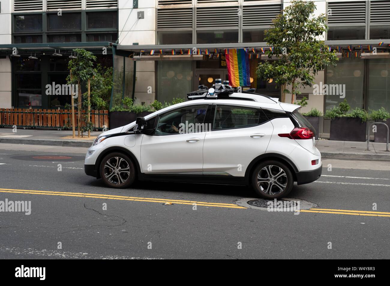 Experimental self-driving vehicle from automaker Honda driving in the South of Market (SoMA) neighborhood of San Francisco, California, June 20, 2019. () Stock Photo
