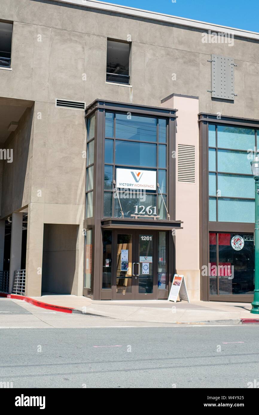 Facade with logo at Victory Workspace, a coworking space in downtown Walnut Creek, California, June 21, 2019. () Stock Photo