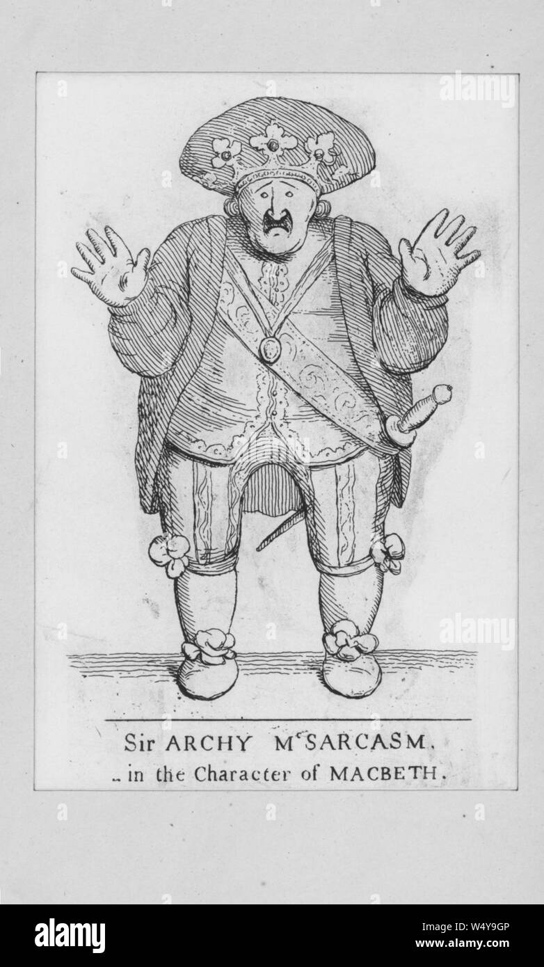 Illustration of Sir Archy McSarcasm, in the character of Macbeth, 1750. From the New York Public Library. () Stock Photo