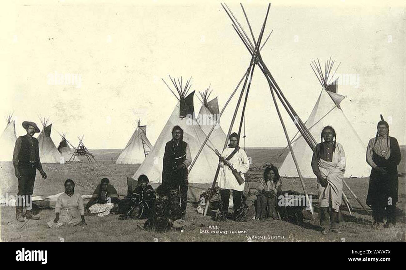 Cree Indians in camp, probably Montana, ca 1893 (LAROCHE 56). Stock Photo