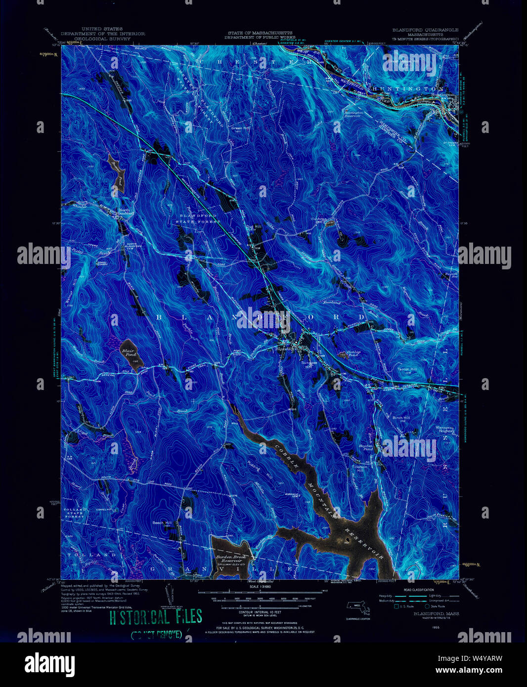 Massachusetts USGS Historical Topo Map MA Blandford 351560 1955 31680 Inverted Restoration Stock