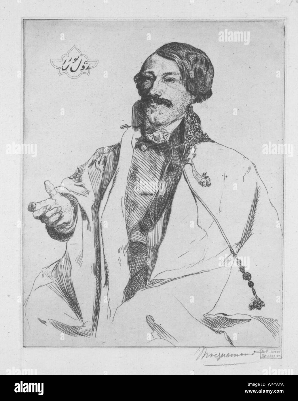 Engraved portrait of Jules Joseph Augustin Laurens, a French painter, and lithographer, illustrated by Felix Henri Bracquemond, 1853. () Stock Photo