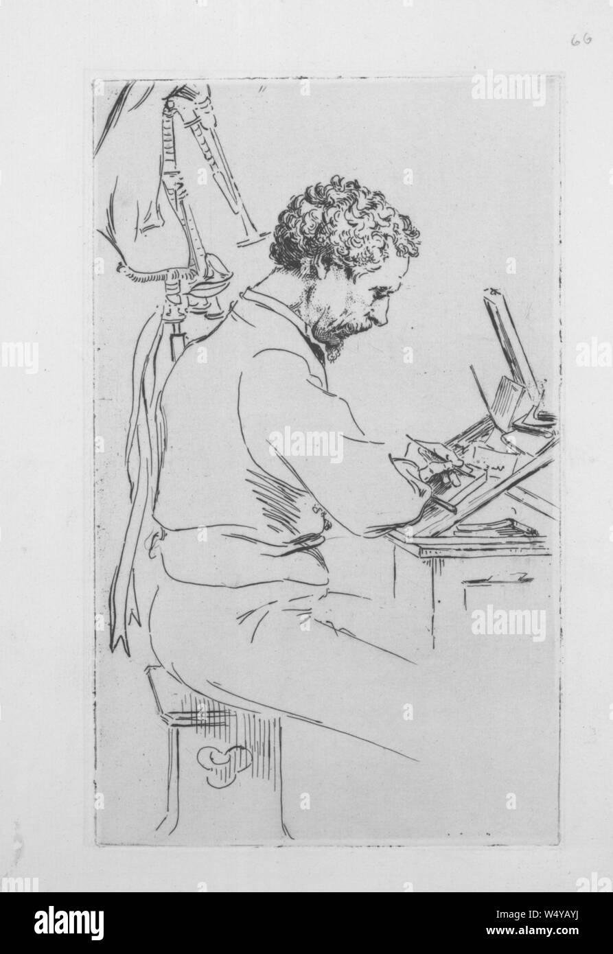 Engraved portrait of Charles Samuel Keene, an English artist, and illustrator, illustrated by Felix Henri Bracquemond, 1871. () Stock Photo