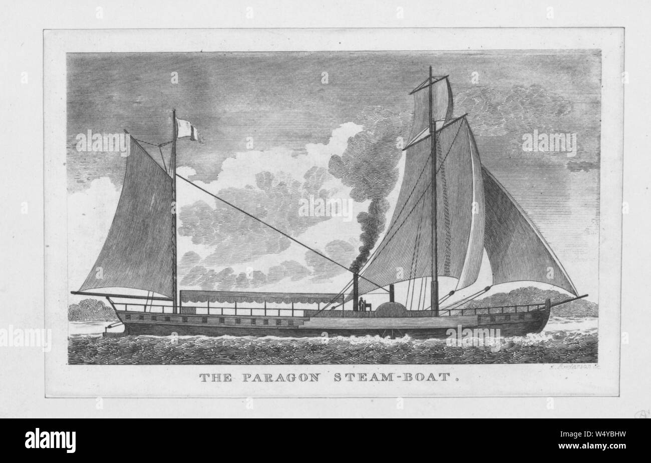 Engraving of the Paragon steam-boat, drawing by Robert Fulton, 1880. From the New York Public Library. () Stock Photo
