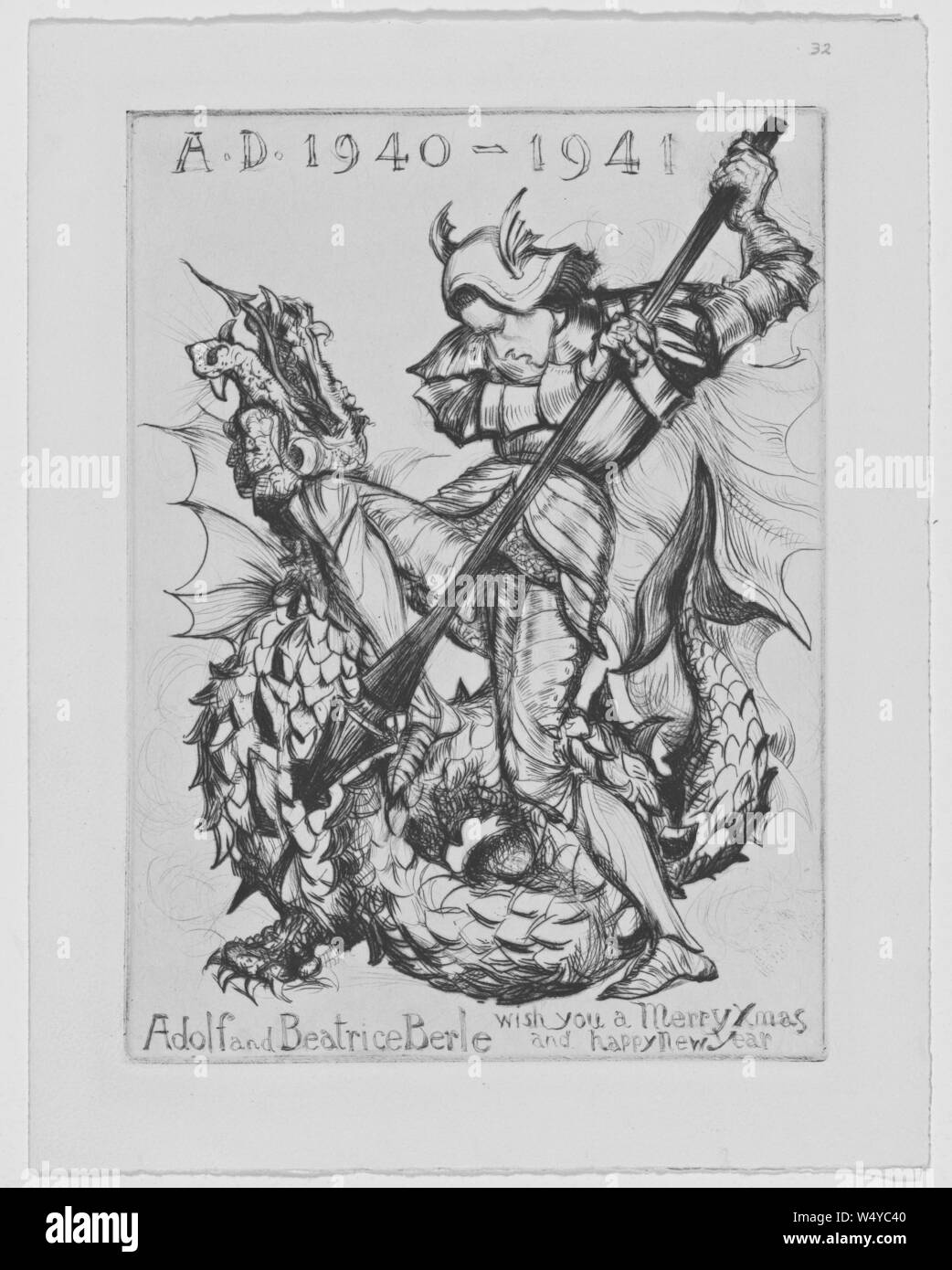 Engraving of the holiday card, Saint George and the dragon, illustrated by Albert Sterner, 1940. () Stock Photo