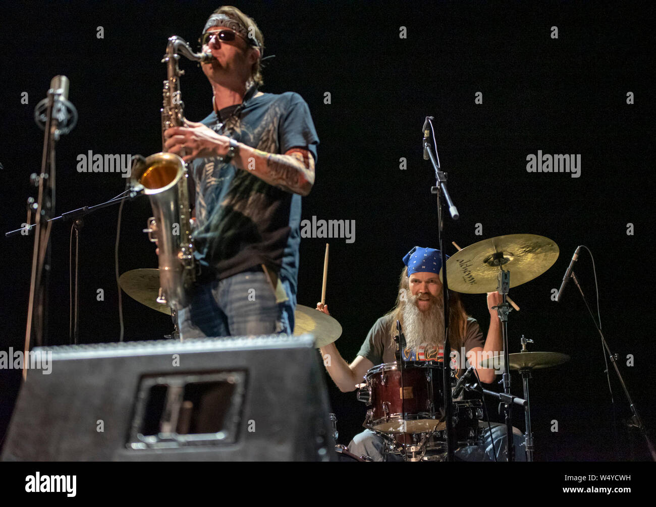 Zurriola beach, San Sebastian, Spain. 25th July, 2019.   Moppa Elliott (bass) and Dan Monaghan(drums),performing at Victoria Eugenia Theatre . Taking place 24-28 July in Donostia-San Sebastian the 54 edition of Heineken Jazzaldia 2019 (Basque Country-Spain).  The Festival is one of the oldest in Europe and the oldest in Spain. Credit: ALVARO VELAZQUEZ worldwidefeatures/Alamy Live News Bryan Murray (sax), Nick Millevoi (guitar), Ron Stabinsky (piano), Dan Monaghan (drums) performing at Victoria Eugenia Theatre . Credit: Gary Roberts/Alamy Live News Stock Photo