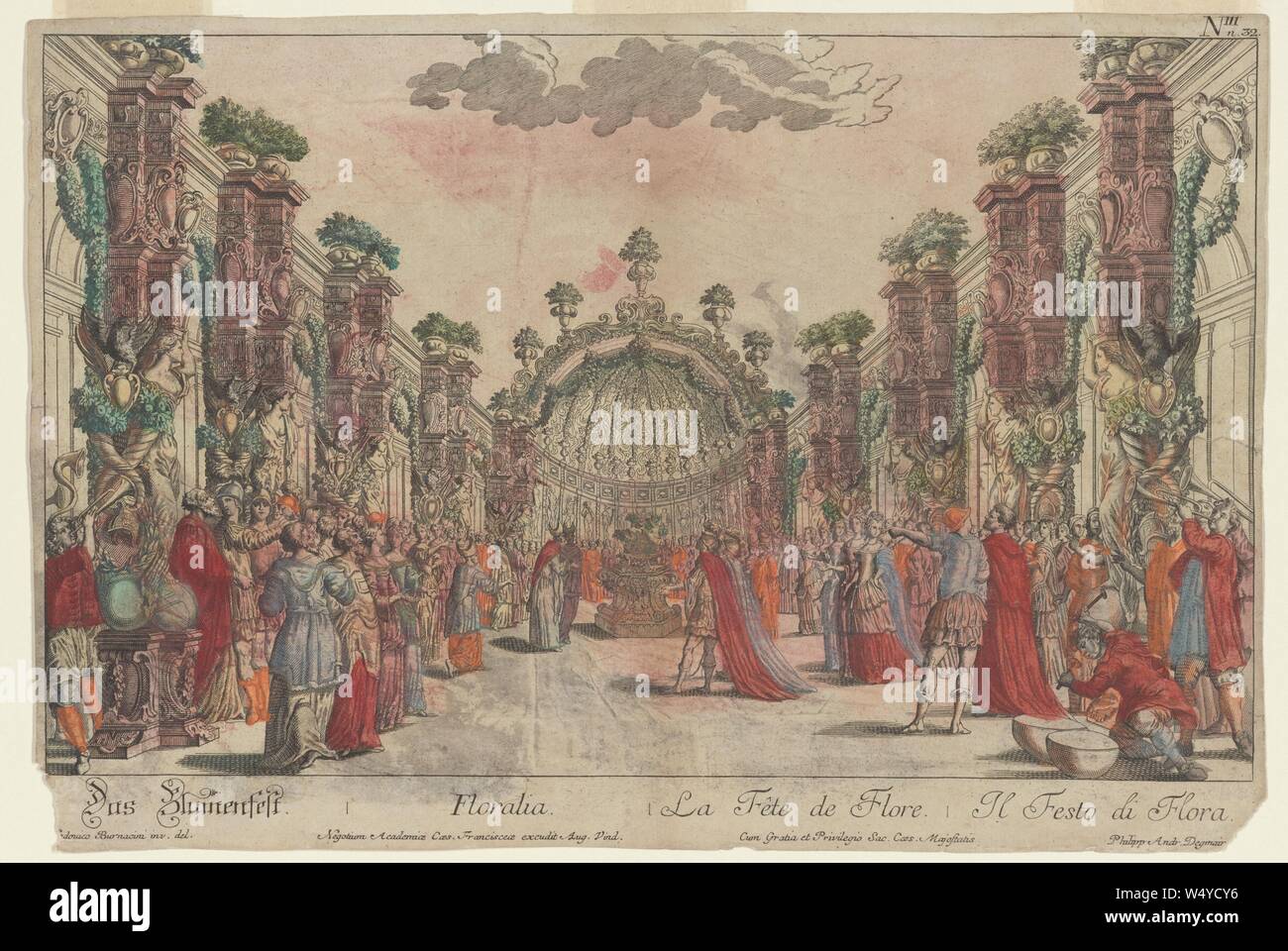 Drawing of the Floralia, a festival in ancient Roman religious practice in honor of the goddess Flora, by Lodovico Ottavio Burnacini, 1650. From the New York Public Library. () Stock Photo
