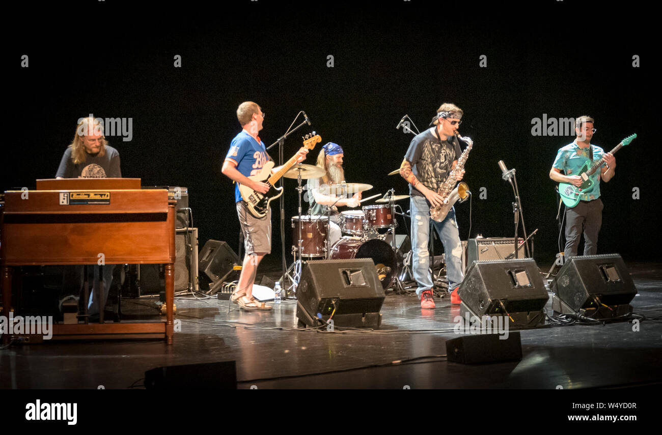 Zurriola beach, San Sebastian, Spain. 25th July, 2019.   Unspeakable Garbage band, Moppa Elliott (bass), Bryan Murray (sax), Nick Millevoi (guitar), Ron Stabinsky (piano), Dan Monaghan (drums) performing at Victoria Eugenia Theatre . Taking place 24-28 July in Donostia-San Sebastian the 54 edition of Heineken Jazzaldia 2019 (Basque Country-Spain).  The Festival is one of the oldest in Europe and the oldest in Spain. Credit: Gary Roberts/Alamy Live News Stock Photo