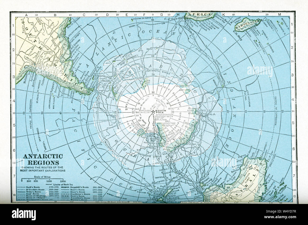 This map dates to the 1920s and shows the Antarctic regions, with the routes taken by various explorers between 1772 and 1914. The routes shown are those of Cook, D’Urville, Wilke, Ross, “Challenger,” “Belgica,” Borchgrevink, Drygalski, Scott, Bruce, Shackleton, Scott, Amundsen, and Mawson. Stock Photo