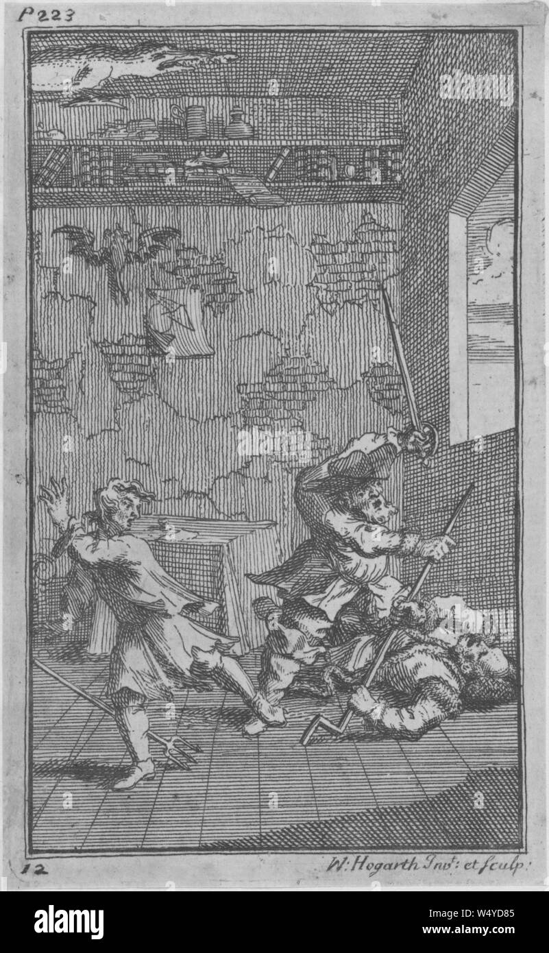 Engraving of Hudibras beating Sidrophel and Whachum, by William Hogarth, 1726. From the New York Public Library. () Stock Photo