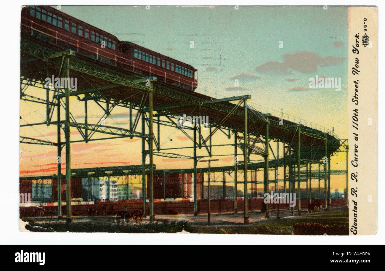 Engraved postcard of the elevated railroad curve at 110th Street in New
