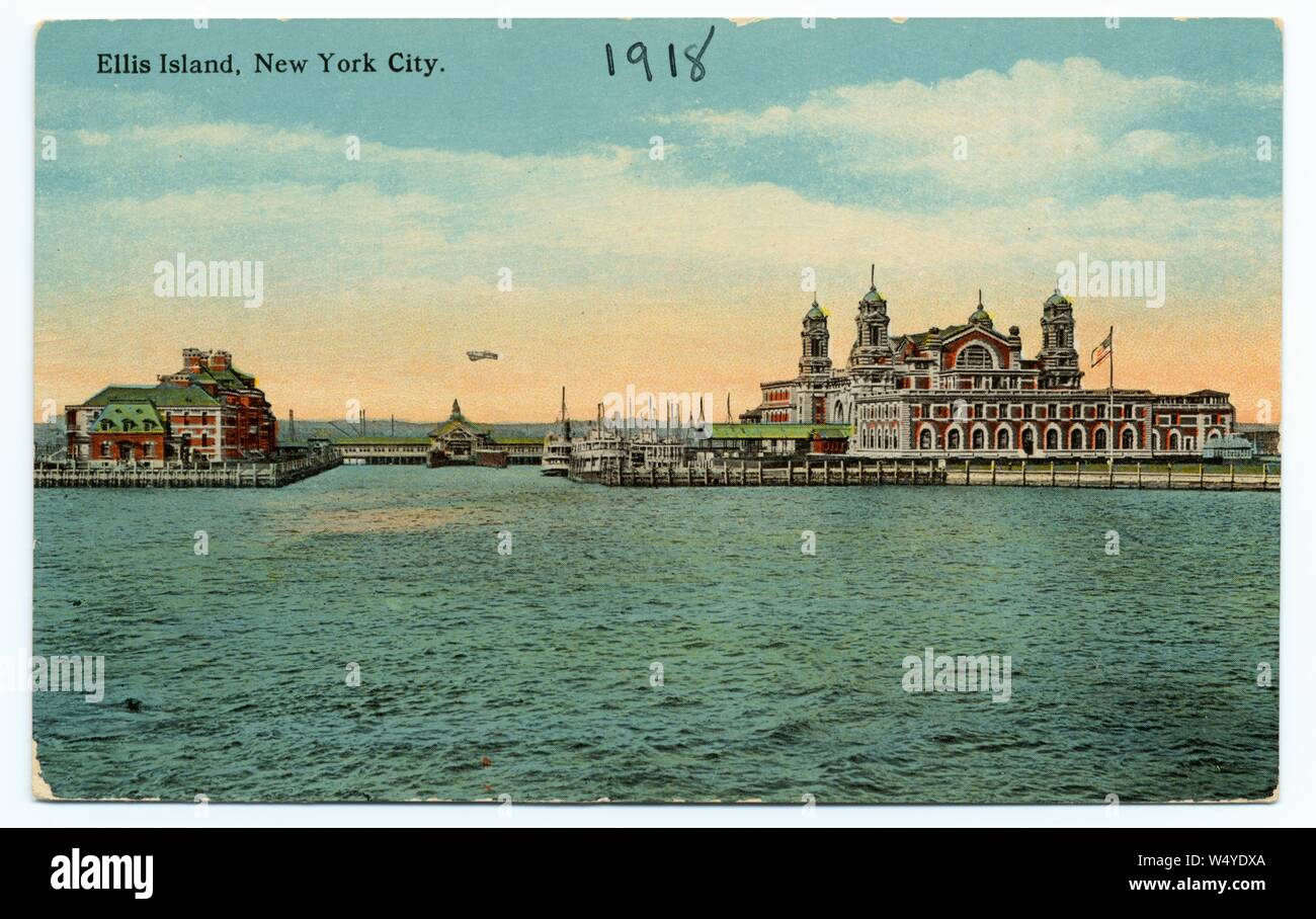 Engraved postcard of the Ellis Island, New York City, New York, photographed by H. Finkelstein and Son, published by American Art Publishing Co, 1920. From the New York Public Library. () Stock Photo