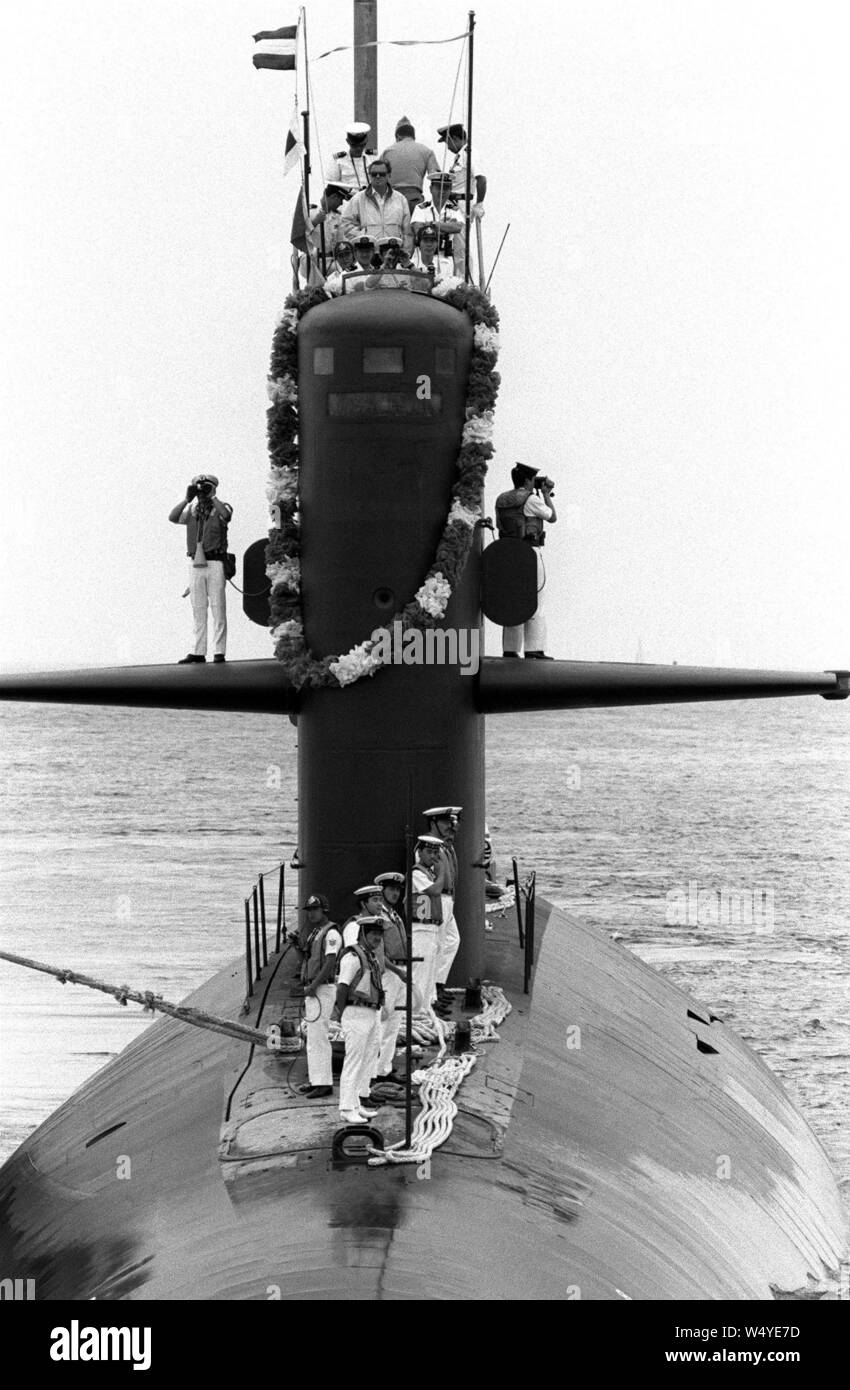 Crew members stand on the deck of Mochishio (SS-574), -10 Jun. 1992 a. Stock Photo