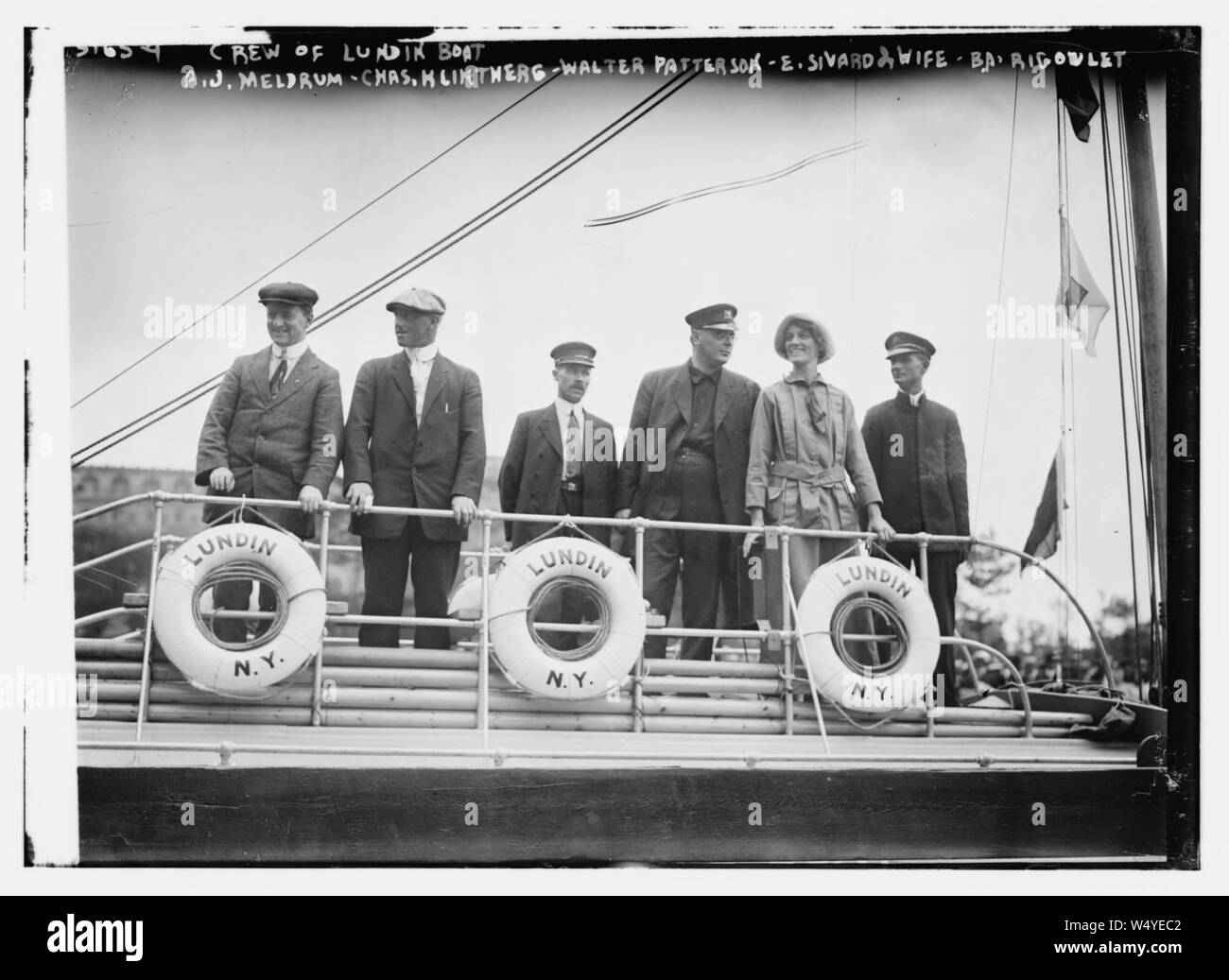 Crew of Lundin Boat, A.J. Meldrum, Chas. Kliktherg, Walter Patterson, E. Sivard & wife, BA Rigoulet Stock Photo
