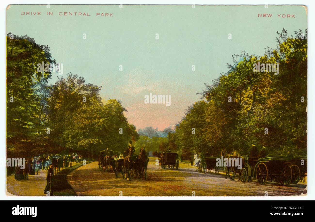 Engraved postcard of the horse carriage drive in Central Park, New York City, New York, published by Theodor Eismann, 1910. From the New York Public Library. () Stock Photo