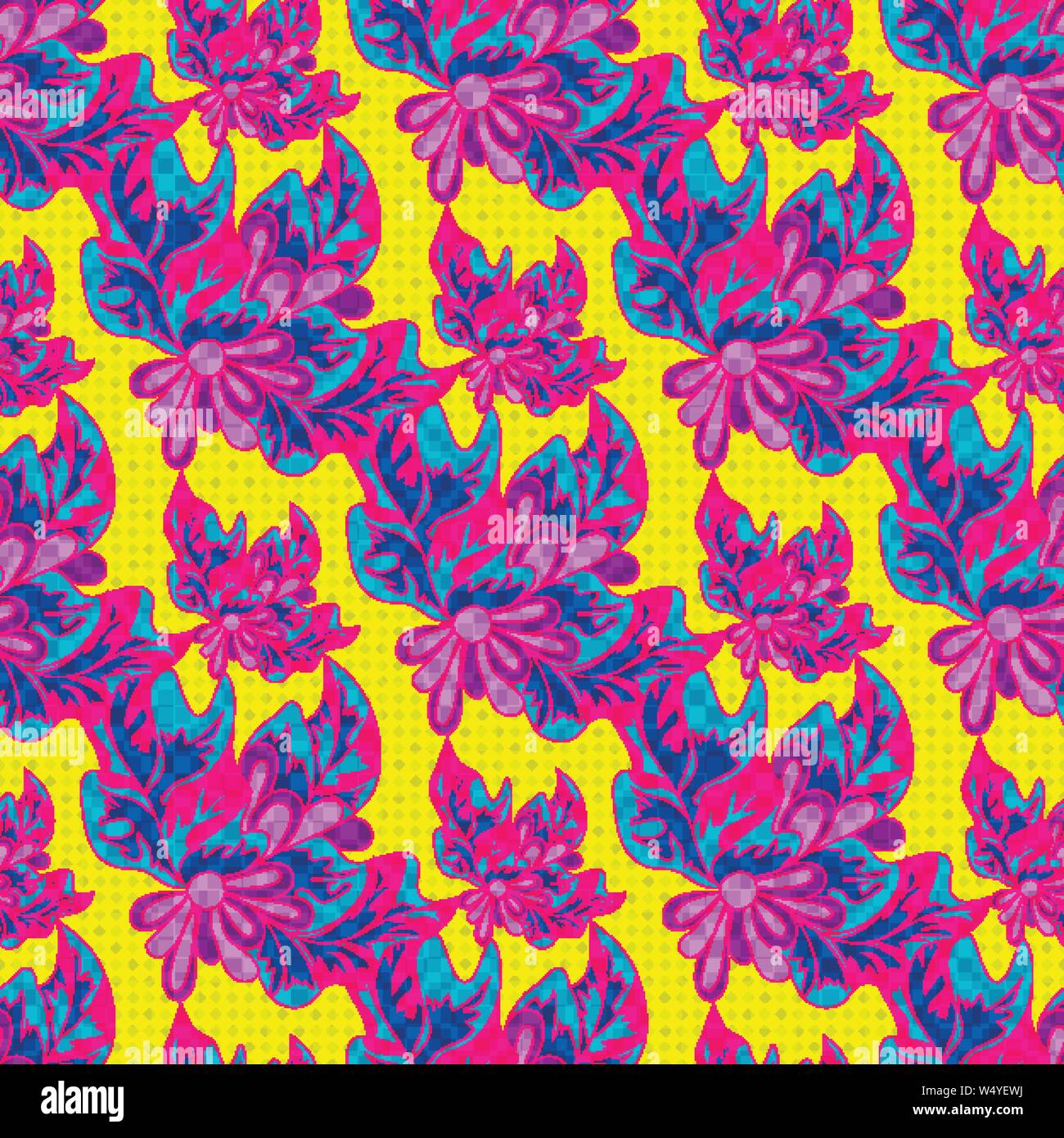 psychedelic abstract flowers on a yellow background seamless pattern vector illustration Stock Vector
