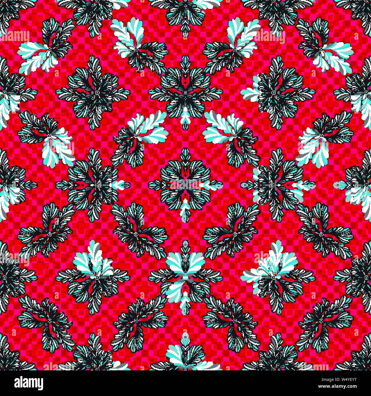 Abstract colored flowers on a red background geometric seamless pattern Stock Vector