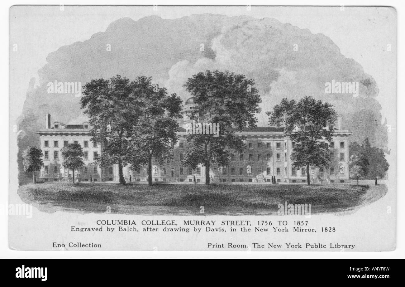 Engraved postcard of the Columbia College at Murray Street in New York City, illustrated by Alexander Jackson Davis, published by New York Public Library, 1930. From the New York Public Library. () Stock Photo