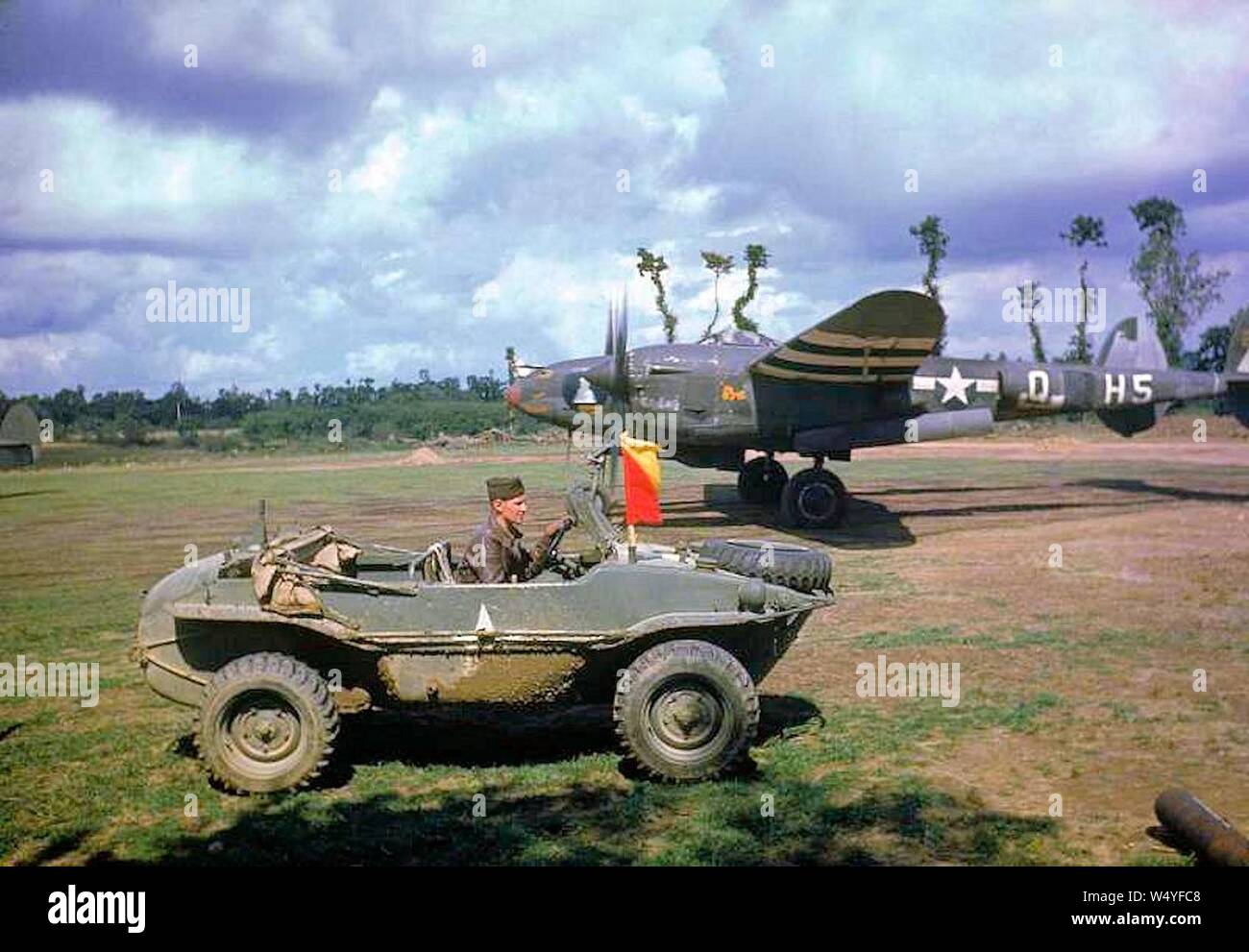 Cricqueville en Bessin Airfield captured German Schwimmwagen Stock
