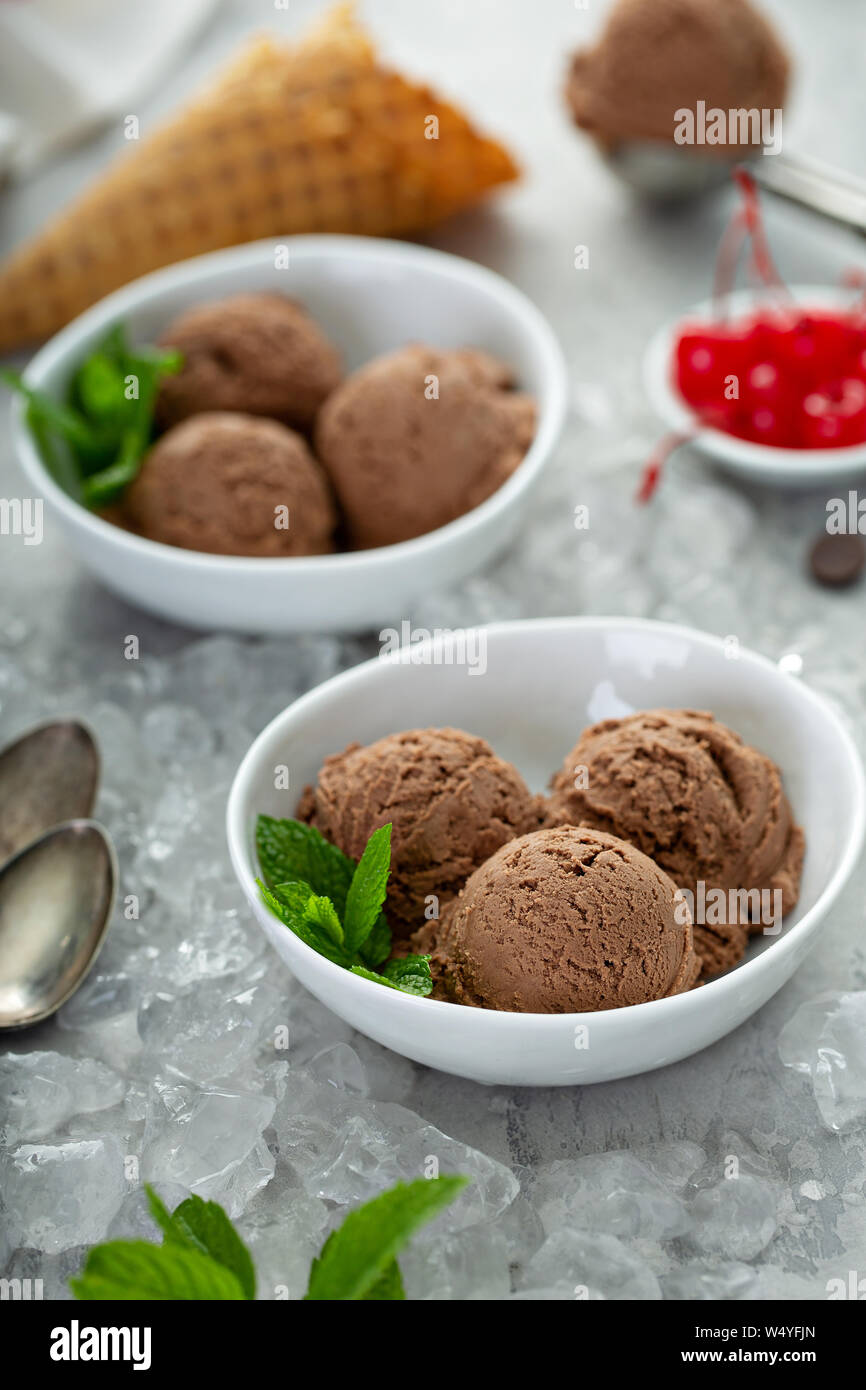 SImple chocolate ice cream in a white bowl with mint Stock Photo - Alamy