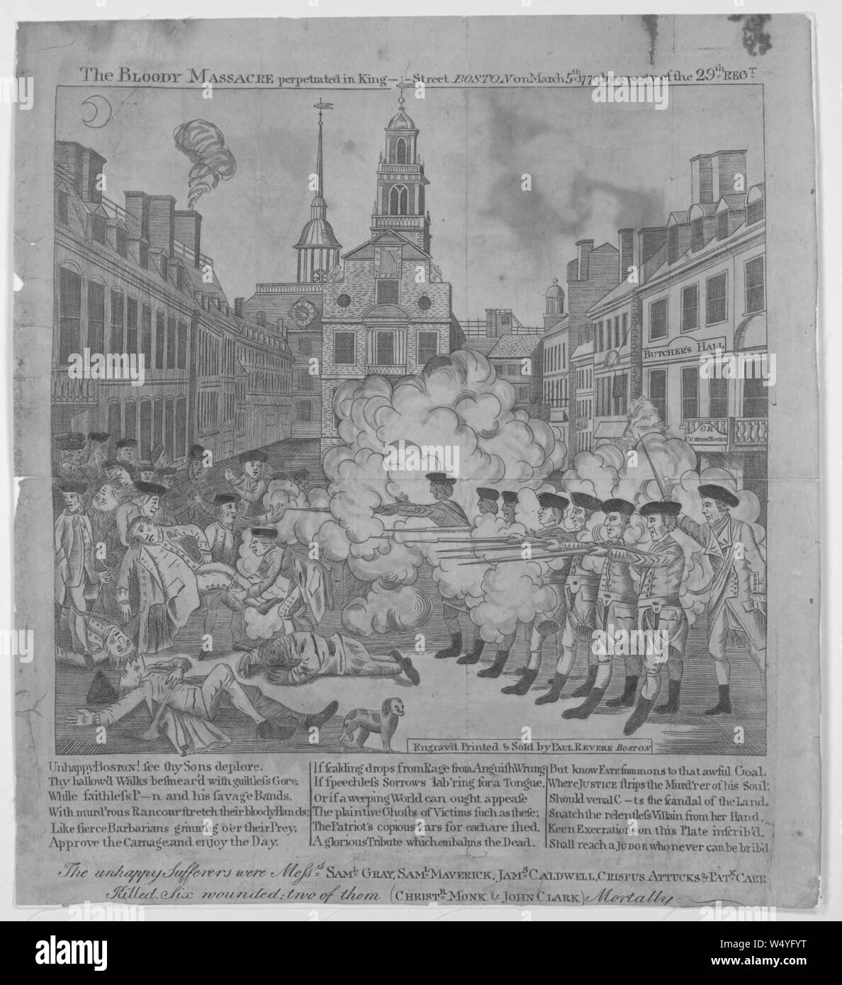 Engraving of the Boston Massacre perpetrated in King-Street, Boston, Massachusetts, by Paul Revere, 1832. From the New York Public Library. () Stock Photo