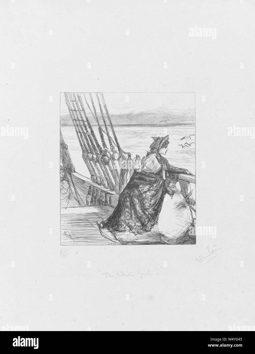Illustration of the major's daughter on the deck of a steamship, by James McNeill Whistler, 1862. From the New York Public Library. () Stock Photo