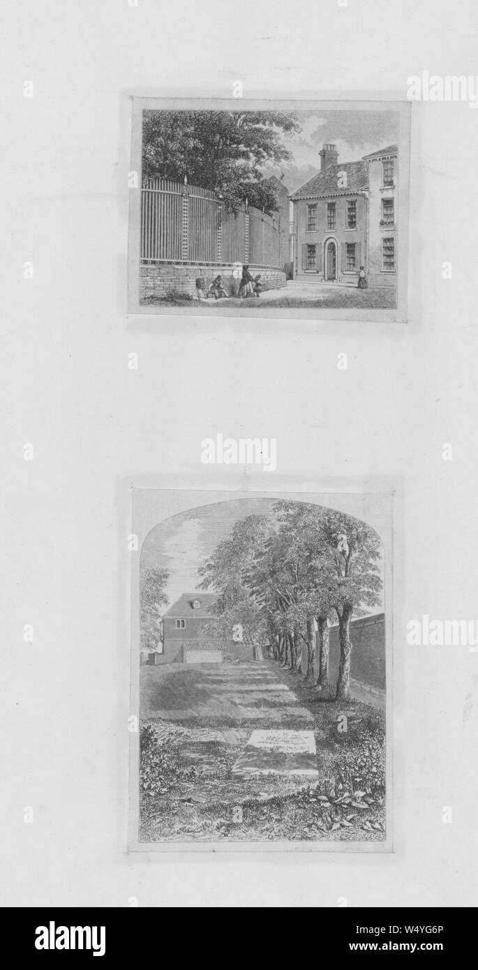 Engravings of Amelia Opie's house on Castle Meadow and Amelia Opie's grave at the Quaker Burial Ground, Gildencroft, 1854. From the New York Public Library. () Stock Photo