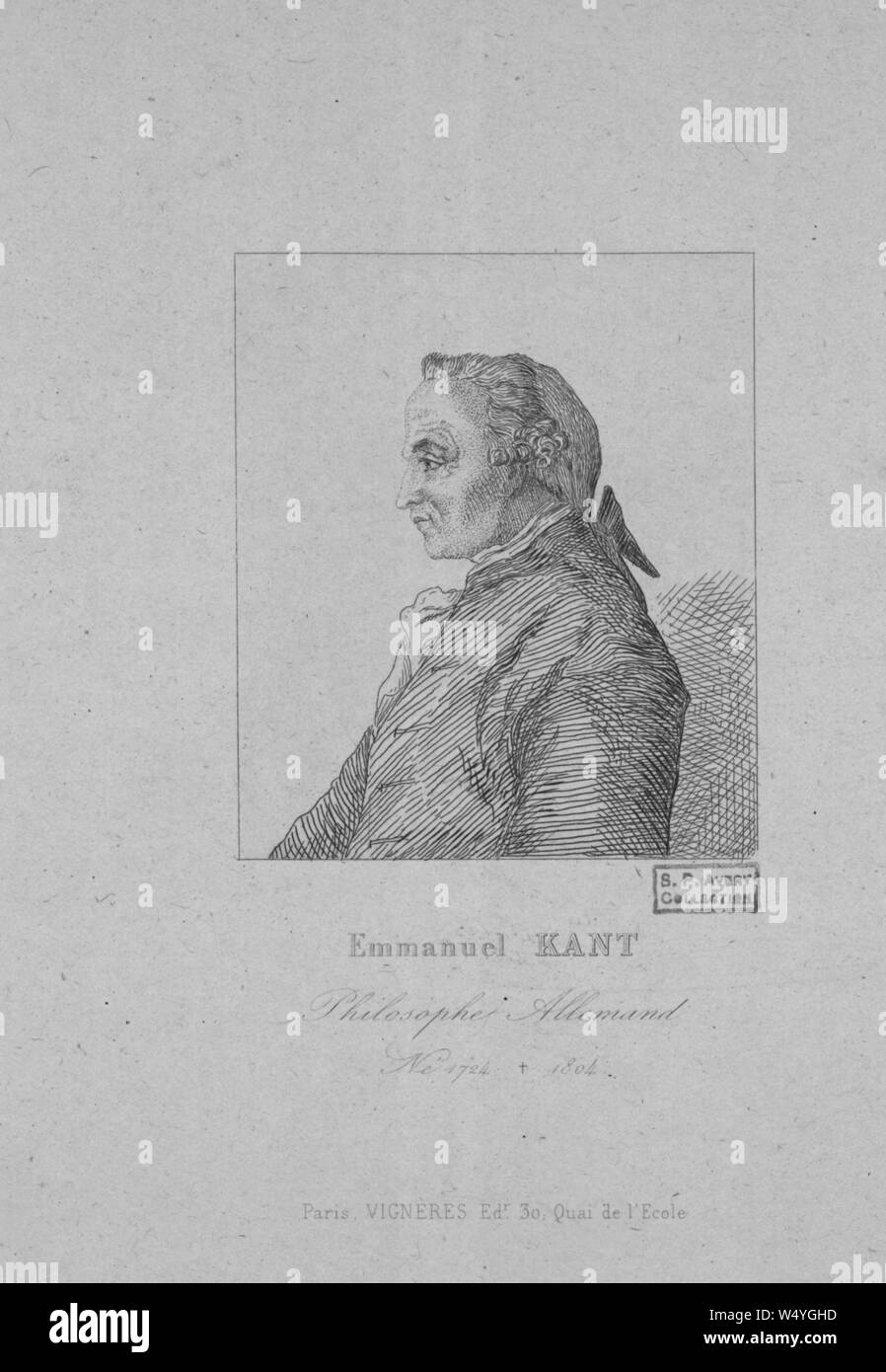 Engraved portrait of Emmanuel Kant, an influential German philosopher, illustrated by Felix Henri Bracquemond, 1852. () Stock Photo
