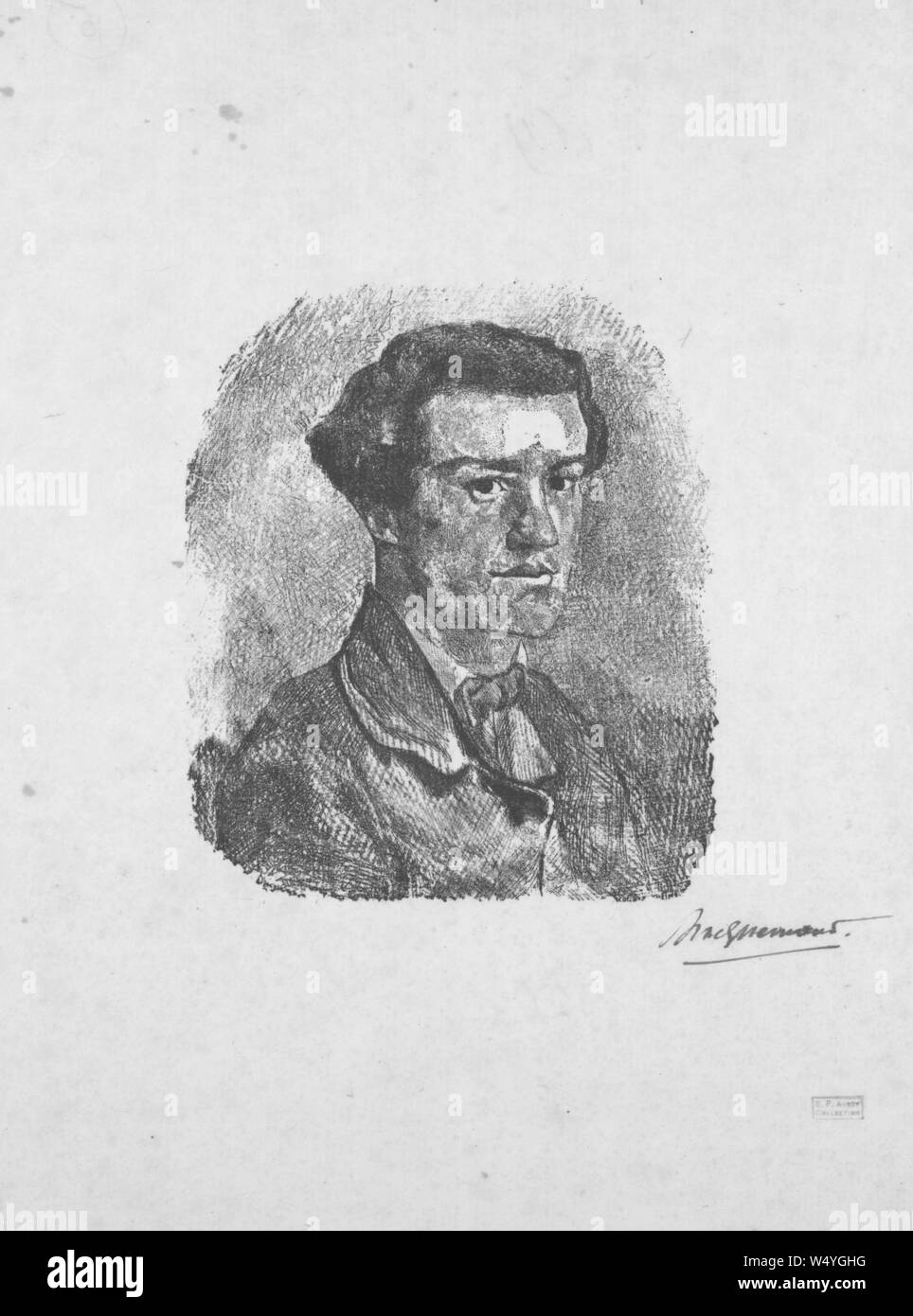 Engraved portrait of a young man, Samuel Putnam Avery collection, illustrated by Felix Henri Bracquemond, 1852. () Stock Photo