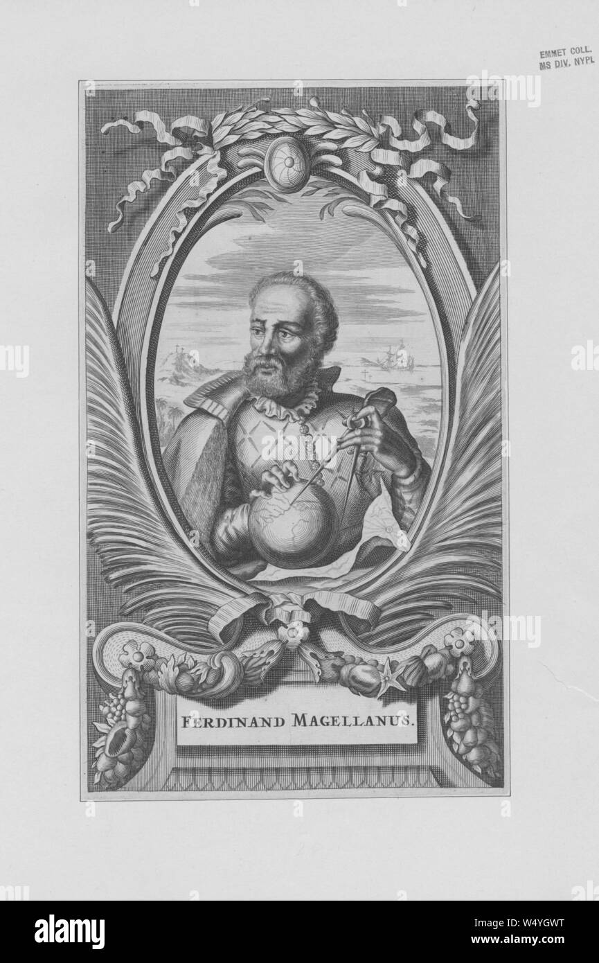 Engraved portrait of Ferdinand Magellanus, a Portuguese explorer from Sabrosa, Portugal, who organized the Spanish expedition to the East Indies, 1700. () Stock Photo