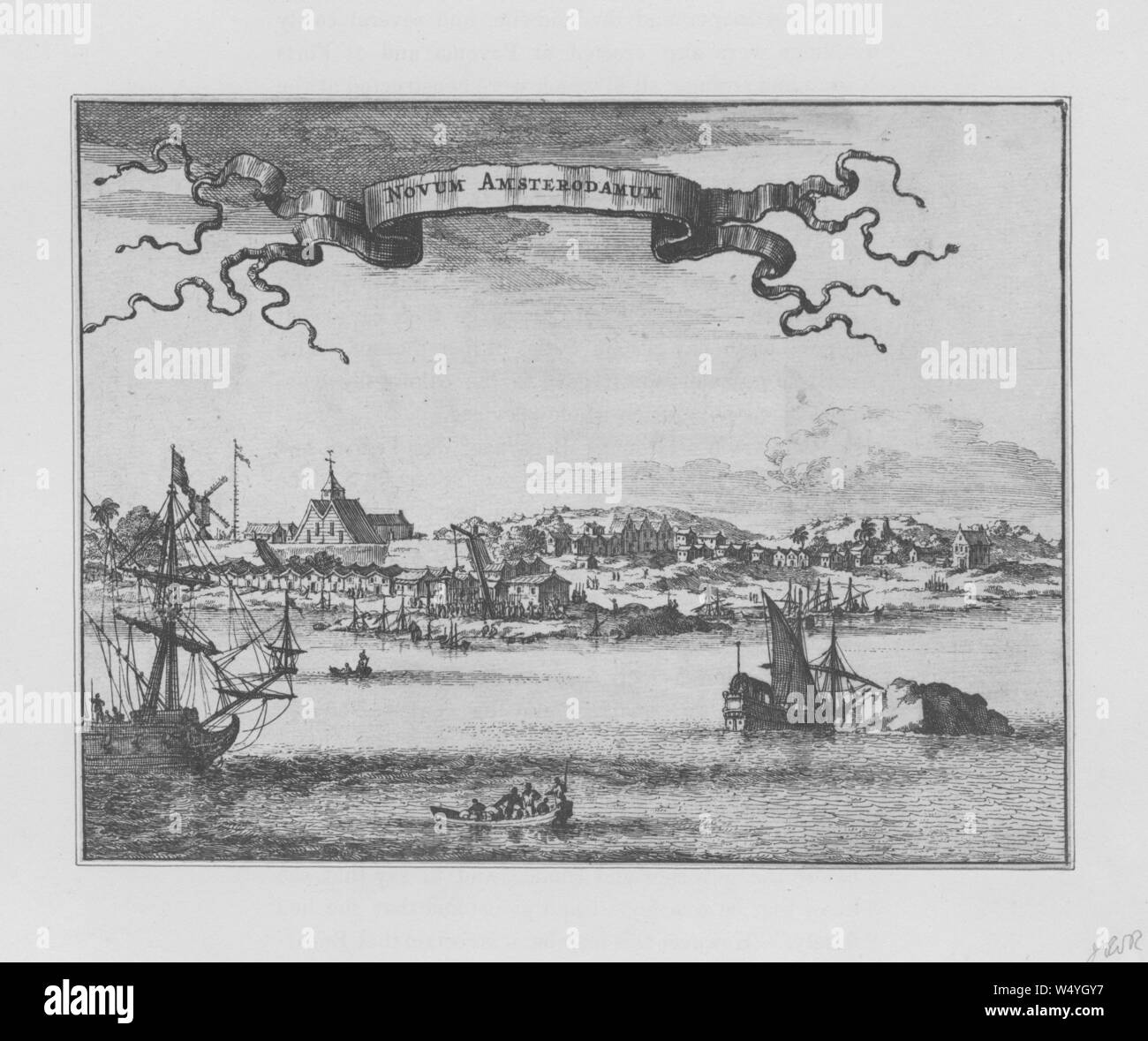 Engraving of the City of Amsterdam, viewed from the harbor, 1700. From the New York Public Library. () Stock Photo
