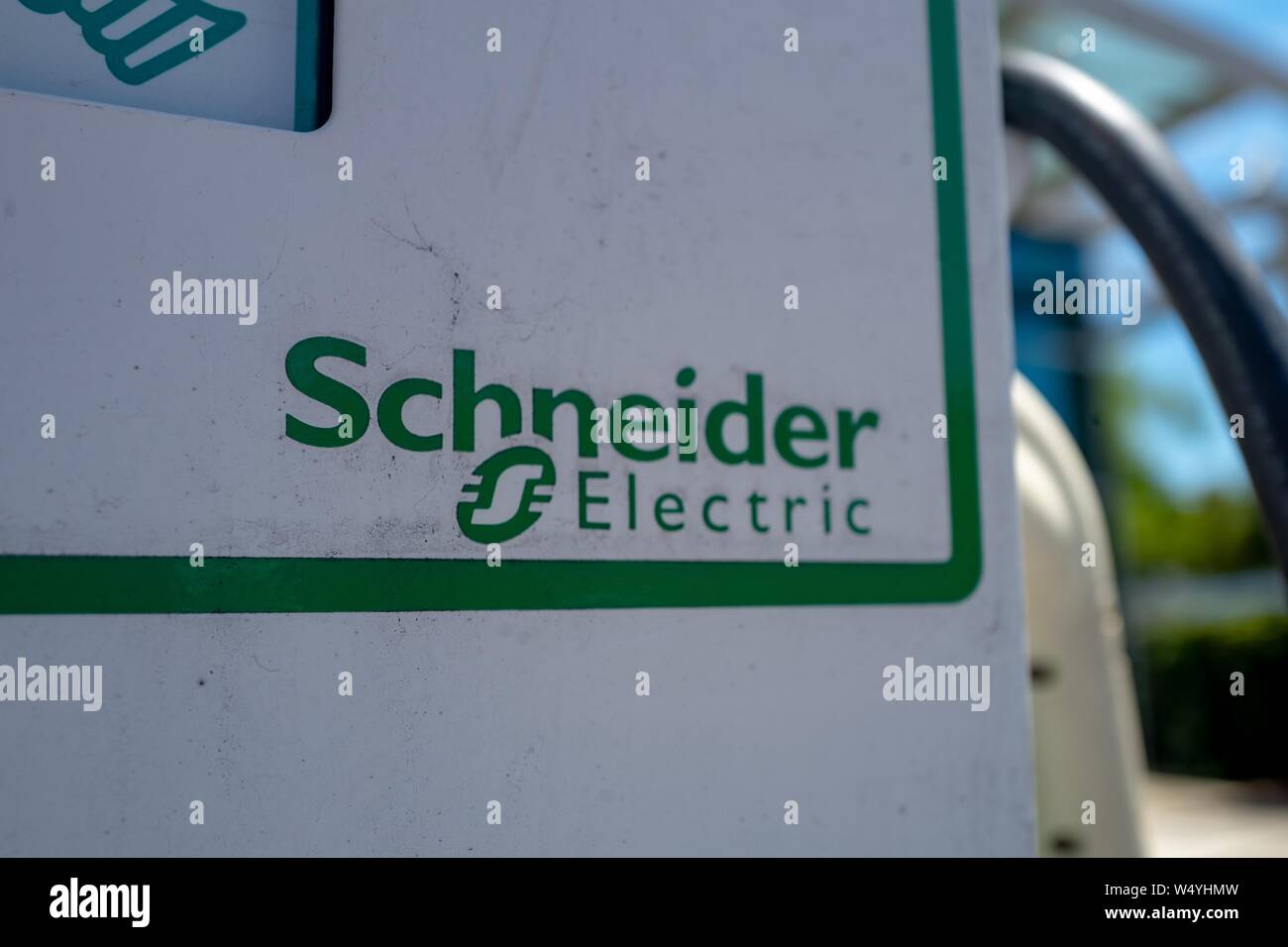 Closeup of logo for electrical automation company Schneider Electric
